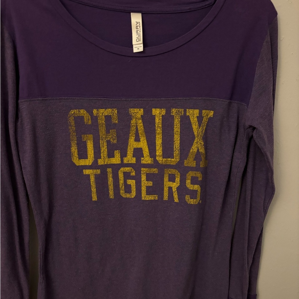 LSU Team Spirit Go Tigers Purple and Gold Distressed Long Sleeve Tee Shirt